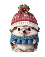 little hedgehog in a hat christmas artwork on white isolated background photo