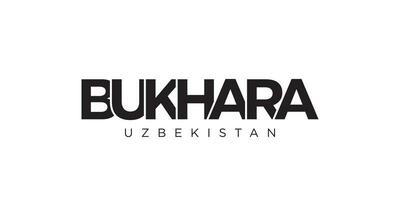 Bukhara in the Uzbekistan emblem. The design features a geometric style, vector illustration with bold typography in a modern font. The graphic slogan lettering.