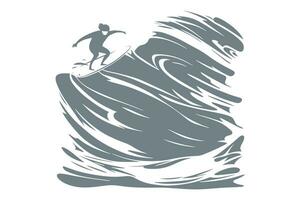 Surfing on a wave in the ocean. Surf rider on big waves. Surfer vector illustration design for t shirt print or club banner.