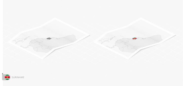 Set of two realistic map of Suriname with shadow. The flag and map of Suriname in isometric style. vector