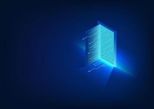 puerta a el mundo de tecnología el puerta ese estaba abrió en frente estaba un tecnológico circuito. eso se refiere a el Introducción de tecnología dentro diario vida a incrementar conveniencia. vector