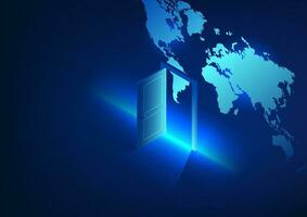 Door to the world of technology The door that opened was a world map. It refers to technology that allows access to learning information. Worldwide communication vector