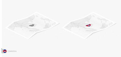 Set of two realistic map of Cambodia with shadow. The flag and map of Cambodia in isometric style. vector