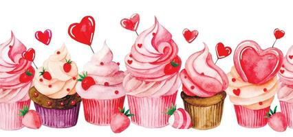 Watercolor pattern, seamless border with cute cupcakes with pink cream and hearts. illustration for valentine's day. vector