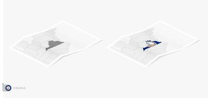 Set of two realistic map of Virginia with shadow. The flag and map of Virginia in isometric style. vector