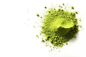 Generative AI, Heap of green matcha tea powder with copy space photo