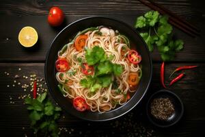 Instant noodles in bowl with ingredients on dark wooden background, top view, Chinese noodle soup with vegetables on black wooden background, top view, AI Generated photo