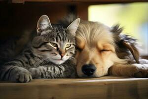 Cute cat and dog sleeping together on wooden shelf, closeup, Cat and dog sleeping together, AI Generated photo