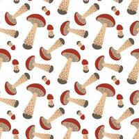 Vector seamless pattern with aspen on a white background. Seamless texture, hand-drawn cartoon group of small and large mushrooms. Design template for textiles, wallpaper, print. aspen bright hat