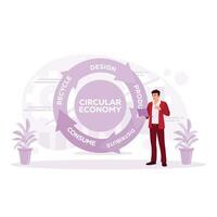 The businessman is standing holding a laptop, checking the unbroken economic cycle. Circular Economy concept. Trend Modern vector flat illustration