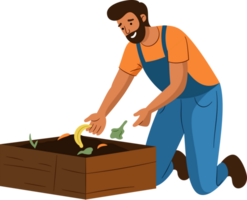 The man is disposing of organic food trash in the compost pit. food waste, zero waste, recycle Concept. png