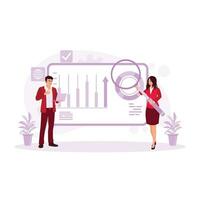 Female manager analyzes virtual workforce recruitment. Outsourcing Concept. Trend Modern vector flat illustration