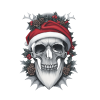 Weihnachten thematisch Schädel mit Stechpalme Blätter, rot Beeren, Kiefer Zapfen, und ein Santa Hut, T-Shirt Design, transparent Hintergrund, png Datei - - ai generativ