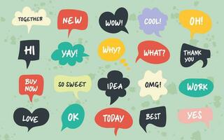 Hand drawn set of speech bubbles with handwritten short phrases. Vector illustration.