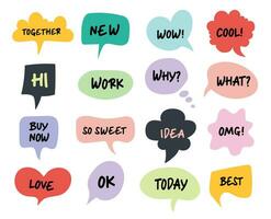 Hand drawn set of speech bubbles with handwritten inscriptions.Cute doodle vector speech bubble, colorful set.