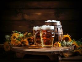 Beer glasses with beer barrel on table generative ai photo