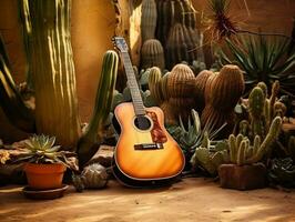 un guitarra acostado en el suelo siguiente a un cactus generativo ai foto