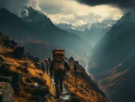 A backpacker ascending a steep mountain trail generative ai photo