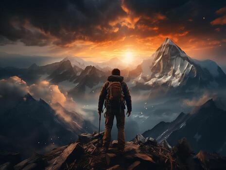 A hiker standing on a mountain peak, with a breathtaking sunset sky as the backdrop generative ai photo