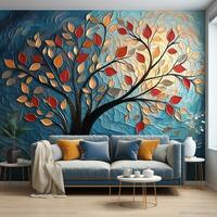 Colorful tree with multicolor leaves illustration background interior wall art decor generative ai photo