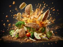 Exploding food illustration generative ai photo