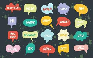 Hand drawn set of speech bubbles with handwritten short phrases. vector