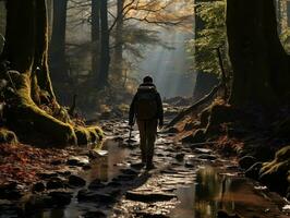 un mochilero excursionismo mediante un denso bosque, luz de sol transmisión mediante el arboles generativo ai foto