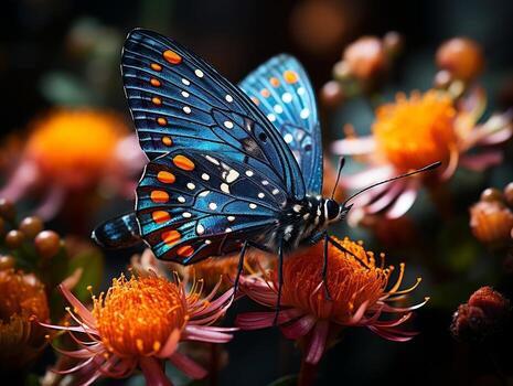 Macro insect photography capturing the delicate beauty of a colorful butterfly perched on a blooming flower generative ai photo