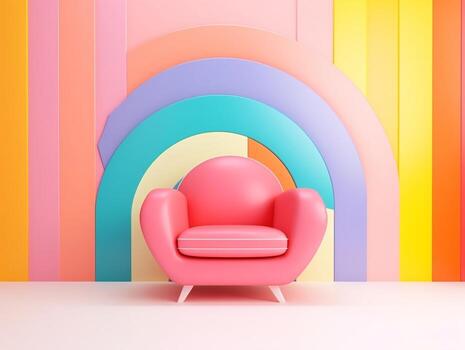 Pastel multi-color vibrant groovy retro striped background wall frame with bright armchair interior home design generative ai photo