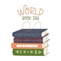 A stack of books with different covers tied with rope. World book day greeting card for reading lovers. Flat cartoon vector illustration isolated on a white background.