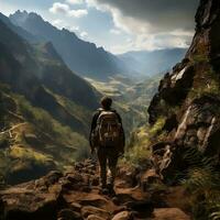 A backpacker ascending a steep mountain trail generative ai photo