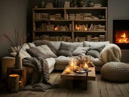 A cozy modern living room is adorned with wooden accents, including a rustic coffee table and a bookshelf filled with books and decorative items generative ai photo