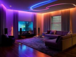 Modern smart living room with multicolor led light generative ai photo
