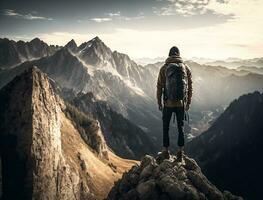 un caminante en pie en un rocoso repisa, mirando fuera a un vasto montaña rango generativo ai foto