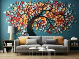 Colorful tree with multicolor leaves illustration background interior wall art decor generative ai photo