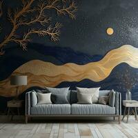 3d moderno interior hogar pared decoración. dorado y oscuro azul montañas, presentando un dorado árbol con Luna oscuro paisaje antecedentes generativo ai foto