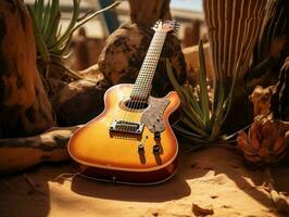 un guitarra acostado en el suelo siguiente a un cactus generativo ai foto