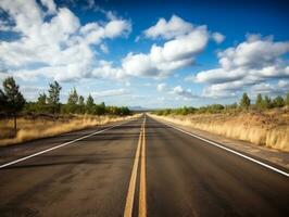 An open road disappearing into the horizon, capturing the sense of endless possibilities during the midpoint of a road trip generative ai photo