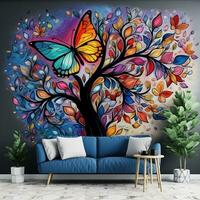 Multicolor flower with leaves and butterflies above on the tree illustration Background. 3D abstraction interior wall art decor wallpaper generative ai photo