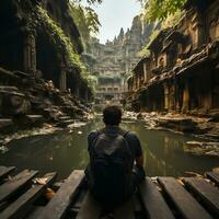 un viajero sentado en el pasos de un antiguo templo, mirando a el histórico arquitectura generativo ai foto