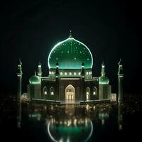 Beautiful mosque with a green dome isolated on black background generative ai photo