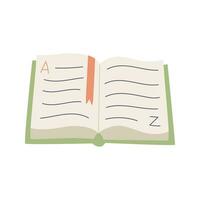 An open book lying on the table, a dictionary, with the letters A and Z. A textbook with a bookmark. Color vector illustration in a flat cartoon style isolated on a white background