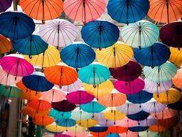 Colorful banner with a bunch of paper umbrellas generative ai photo
