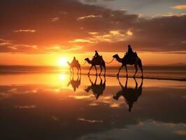 Camels silhouette on the salt lake at sunrise generative ai photo