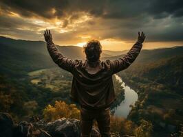 An adventurer standing on a cliff edge, looking out at a vast expanse of wilderness generative ai photo