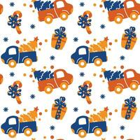 Pickup truck with Christmas tree. Childish Christmas print. Seamless pattern. Vector. vector