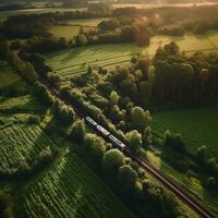 un aéreo ver de un tren paso mediante un lozano campo generativo ai foto