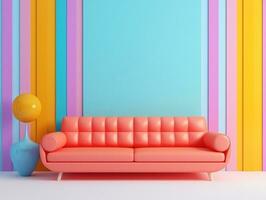 pastel multicolor vibrante maravilloso retro a rayas antecedentes pared marco con brillante sofá interior hogar diseño generativo ai foto