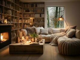 A cozy modern living room is adorned with wooden accents, including a rustic coffee table and a bookshelf filled with books and decorative items generative ai photo