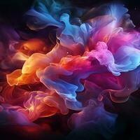 Abstract multicolored spreading bright Neon lighted smoke texture background generative ai photo